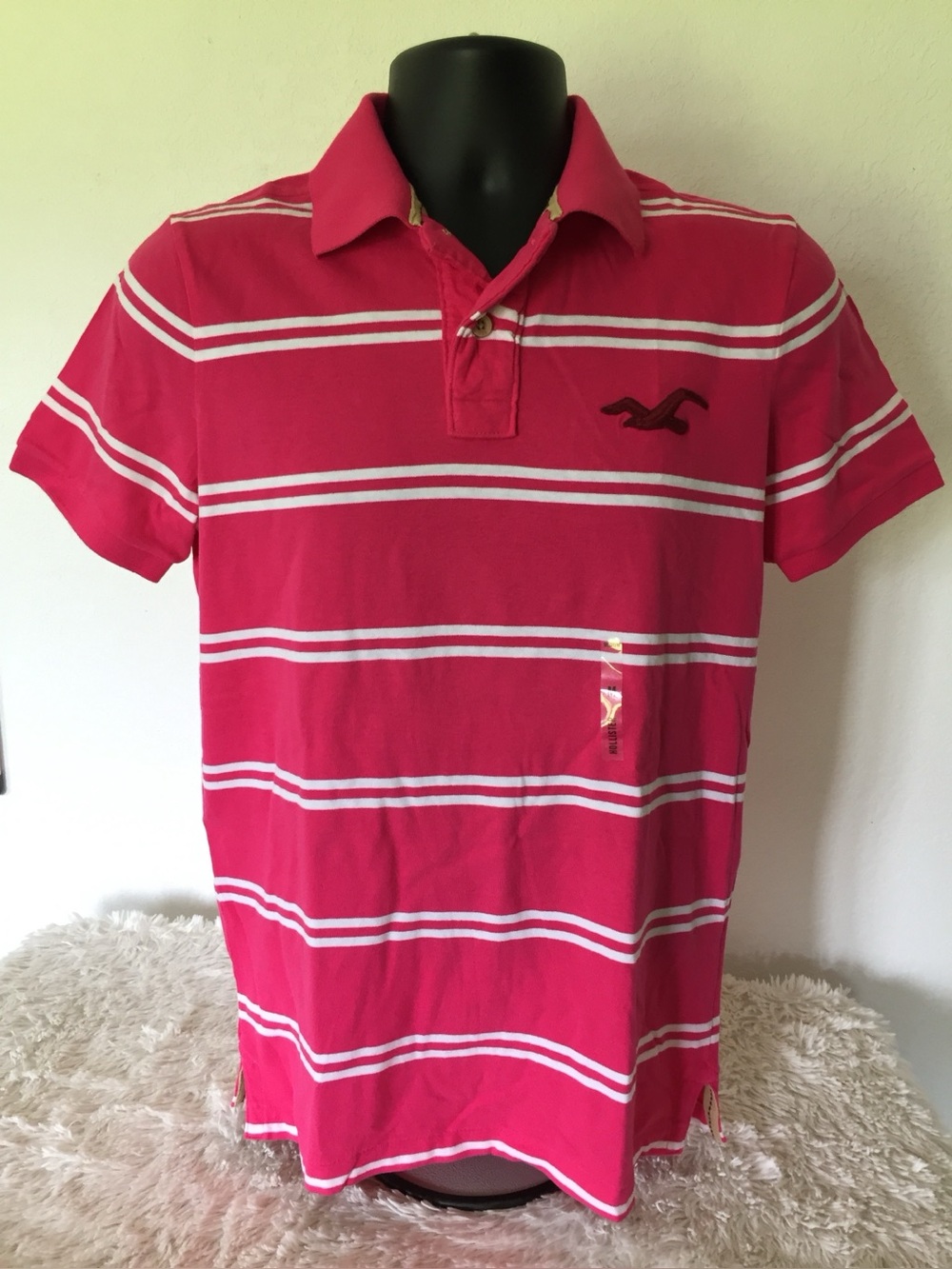 NWT Y2K HOLLISTER Mens/Dudes SS Striped Polo Shirt w/ Logo (Pink & White)